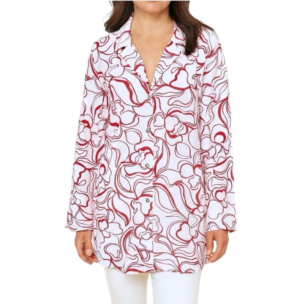 Dennis Basso Womens Tunic Blouse Red White Floral Button Front Roll Tab Sleeves